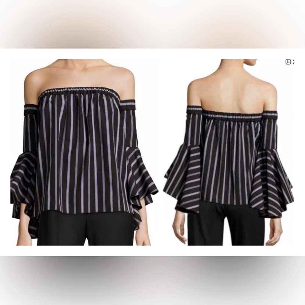 $325 Milly Ines Black and White Stipe Off-the-Shoulder Bell Sleeve Blouse